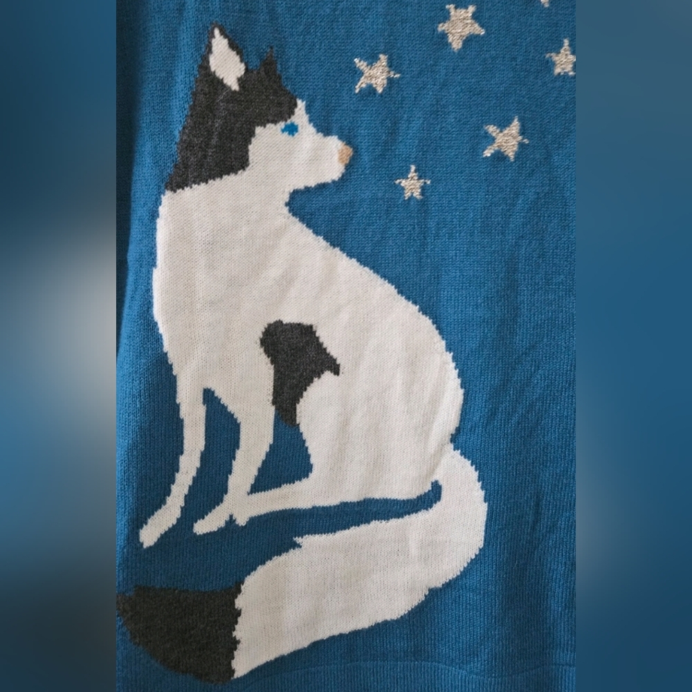 NWT LOFT Teal Blue Long Sleeve Crewneck Novelty Sweater Wolf Husky Dog XS - Picture 4 of 8